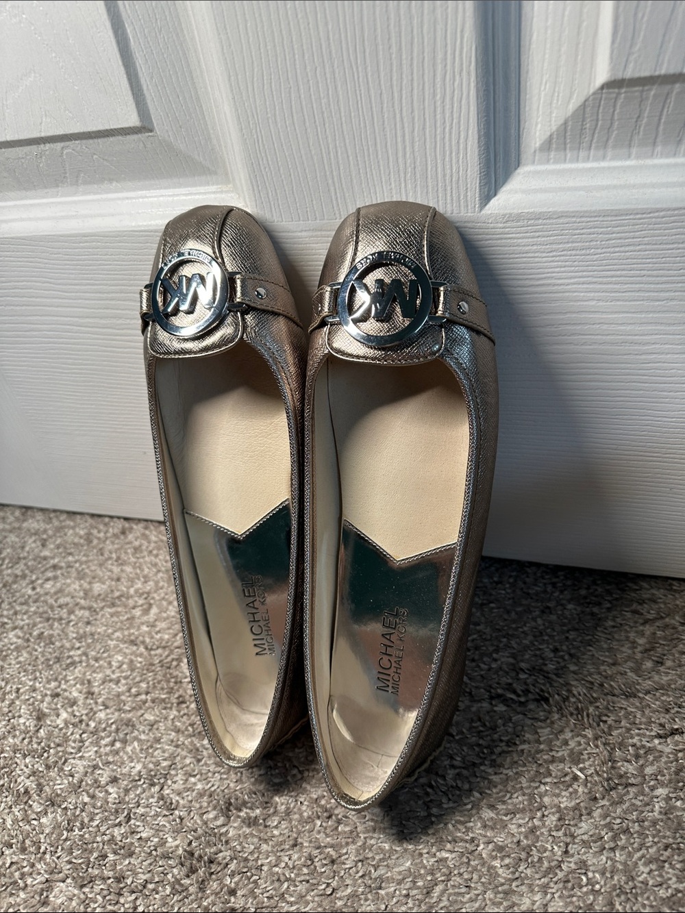 MICHAEL Michael Kors Metallic Silver Logo Moccasin Flats